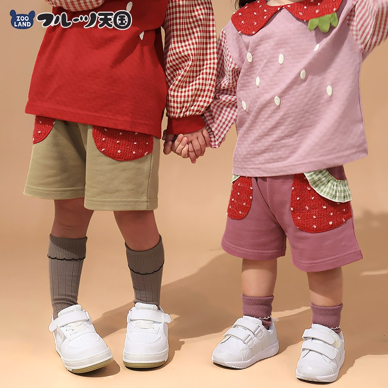 ガールズ キュロット パンツ 女の子 ショートパンツ ハーフパンツ ミニ裏毛 裏起毛なし【フルーツ天国】 キッズ ベビー スウェット ニットポケット 水玉 ウエストゴム カジュアル 苺 いちご イチゴ 赤 レッド ベージュ 可愛い かわいい 80 90 95 100 110 120 130