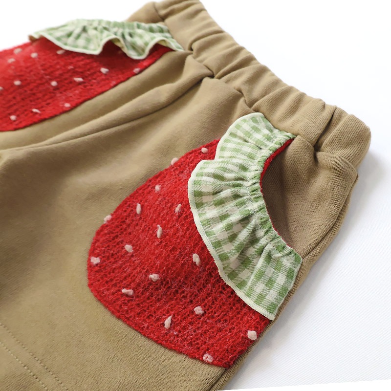 ガールズ キュロット パンツ 女の子 ショートパンツ ハーフパンツ ミニ裏毛 裏起毛なし【フルーツ天国】 キッズ ベビー スウェット ニットポケット 水玉 ウエストゴム カジュアル 苺 いちご イチゴ 赤 レッド ベージュ 可愛い かわいい 80 90 95 100 110 120 130