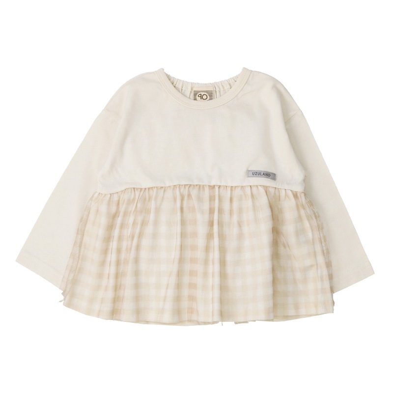 キッズ ロンT Tシャツ 長袖 女の子 ガーリー チェック 切替 トップス アイボリー ( 80-130cm )【 Uzuland ウズランド 】 子供服 ベビー服 チュール 女子 ナチュラル ガールズ 80cm 90cm 95cm 100cm 110cm 120cm 130cm