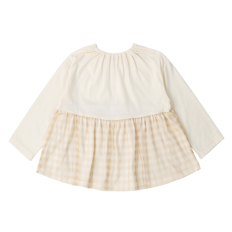 キッズ ロンT Tシャツ 長袖 女の子 ガーリー チェック 切替 トップス アイボリー ( 80-130cm )【 Uzuland ウズランド 】 子供服 ベビー服 チュール 女子 ナチュラル ガールズ 80cm 90cm 95cm 100cm 110cm 120cm 130cm
