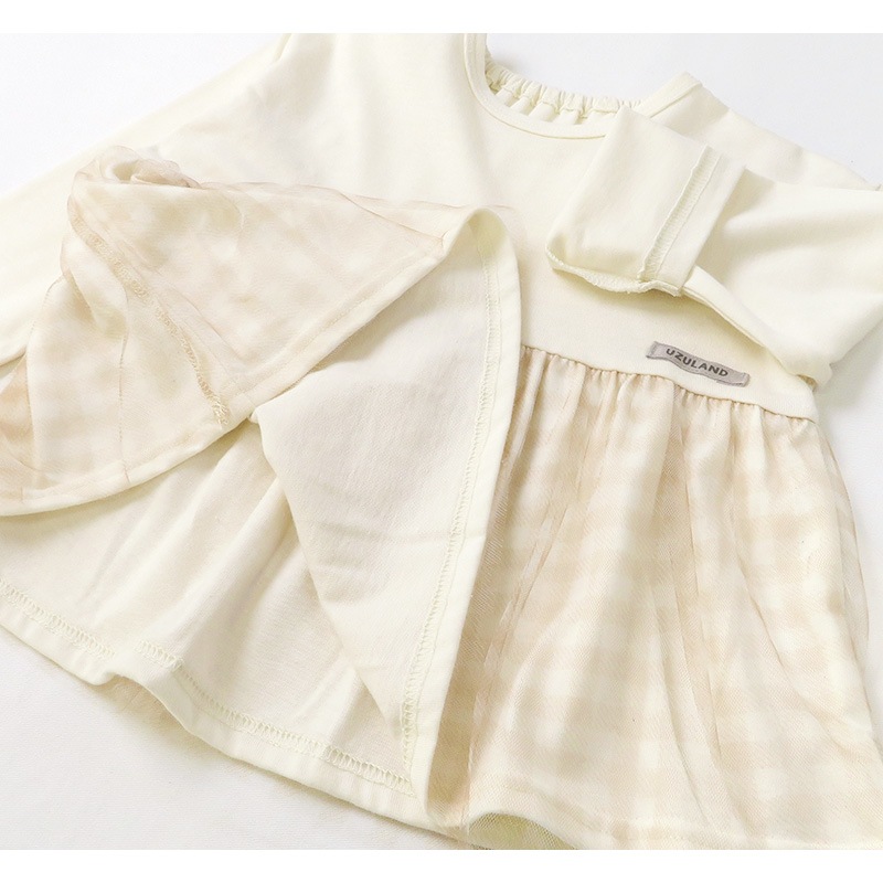 キッズ ロンT Tシャツ 長袖 女の子 ガーリー チェック 切替 トップス アイボリー ( 80-130cm )【 Uzuland ウズランド 】 子供服 ベビー服 チュール 女子 ナチュラル ガールズ 80cm 90cm 95cm 100cm 110cm 120cm 130cm