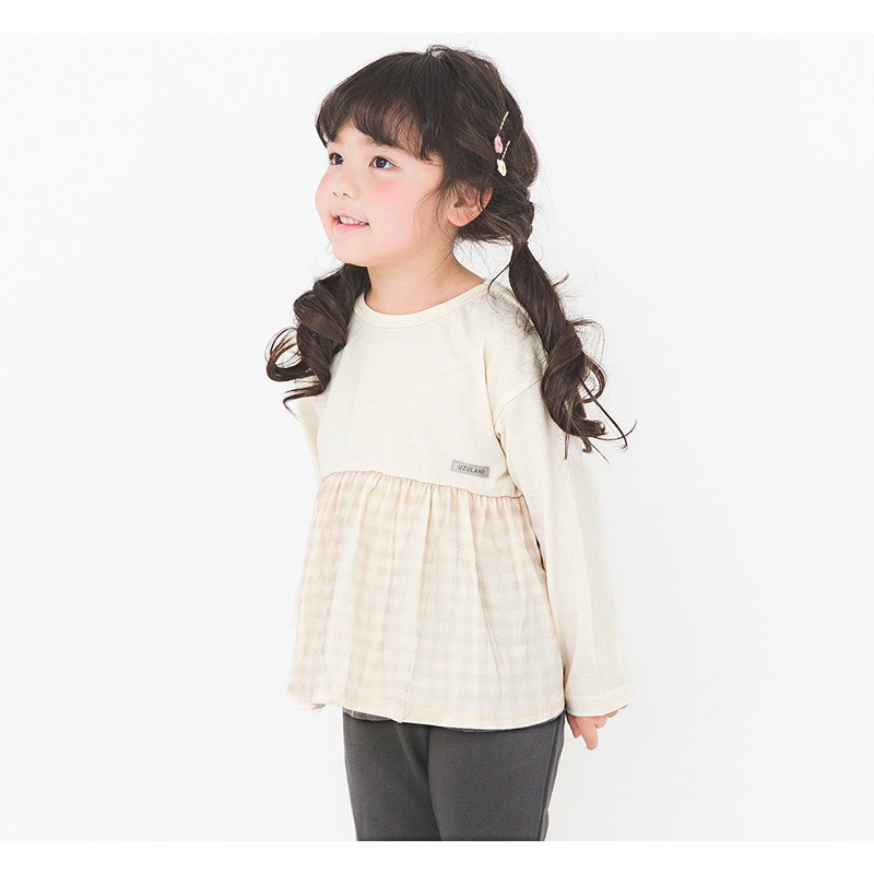 キッズ ロンT Tシャツ 長袖 女の子 ガーリー チェック 切替 トップス アイボリー ( 80-130cm )【 Uzuland ウズランド 】 子供服 ベビー服 チュール 女子 ナチュラル ガールズ 80cm 90cm 95cm 100cm 110cm 120cm 130cm