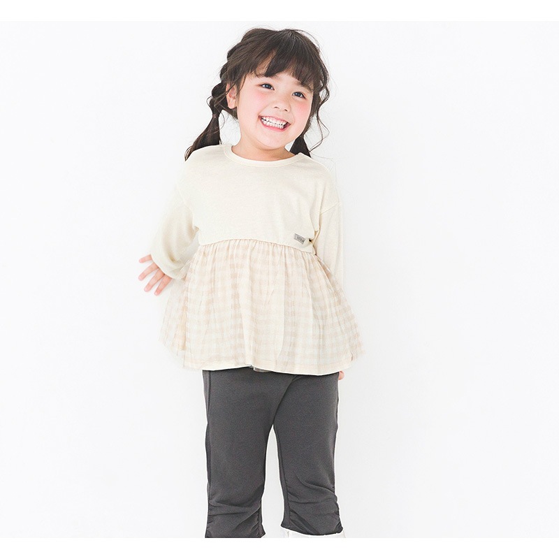 キッズ ロンT Tシャツ 長袖 女の子 ガーリー チェック 切替 トップス アイボリー ( 80-130cm )【 Uzuland ウズランド 】 子供服 ベビー服 チュール 女子 ナチュラル ガールズ 80cm 90cm 95cm 100cm 110cm 120cm 130cm