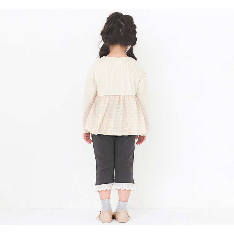 キッズ ロンT Tシャツ 長袖 女の子 ガーリー チェック 切替 トップス アイボリー ( 80-130cm )【 Uzuland ウズランド 】 子供服 ベビー服 チュール 女子 ナチュラル ガールズ 80cm 90cm 95cm 100cm 110cm 120cm 130cm