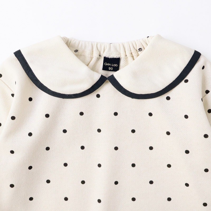 ガールズ トレーナー 裏毛 襟付き ドット 水玉 起毛なし 長袖 スウェット 女の子 プリント 【 GrinLab グリンラボ 】 ガーリー トップス カットソー ロンT インナー 衿付き ベビー アイボリー ラベンダー 白 紫 総柄 80 90 95 100 110 120 130