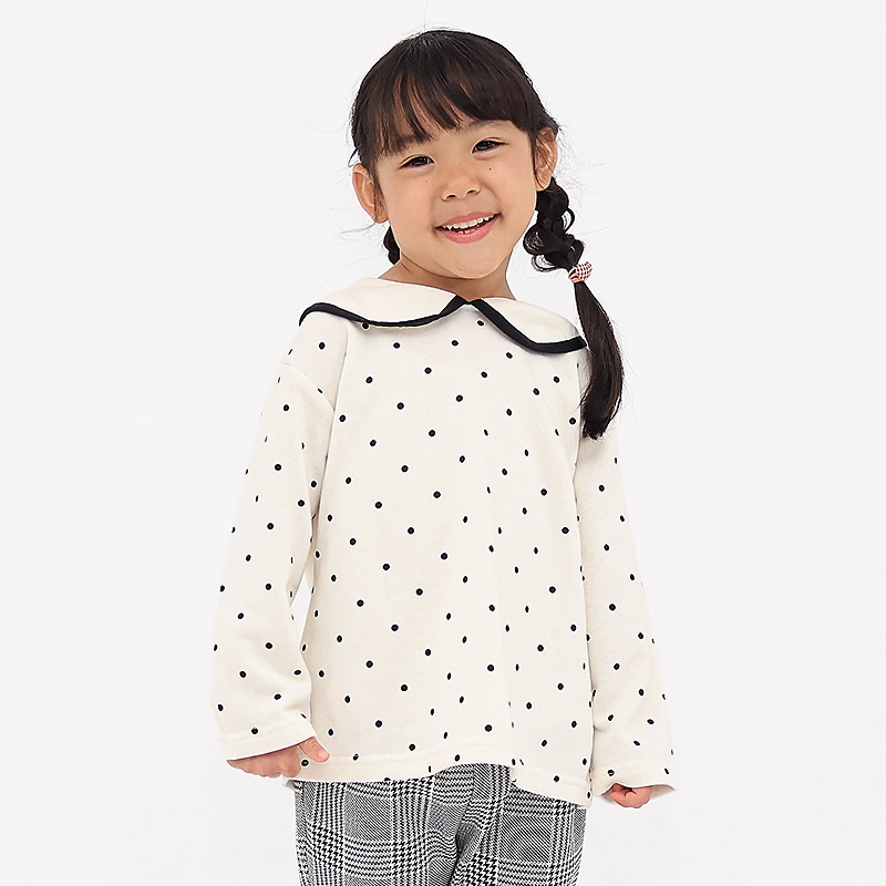 ガールズ トレーナー 裏毛 襟付き ドット 水玉 起毛なし 長袖 スウェット 女の子 プリント 【 GrinLab グリンラボ 】 ガーリー トップス カットソー ロンT インナー 衿付き ベビー アイボリー ラベンダー 白 紫 総柄 80 90 95 100 110 120 130