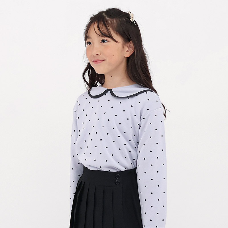 ガールズ トレーナー 裏毛 襟付き ドット 水玉 起毛なし 長袖 スウェット 女の子 プリント 【 GrinLab グリンラボ 】 ガーリー トップス カットソー ロンT インナー 衿付き ベビー アイボリー ラベンダー 白 紫 総柄 80 90 95 100 110 120 130