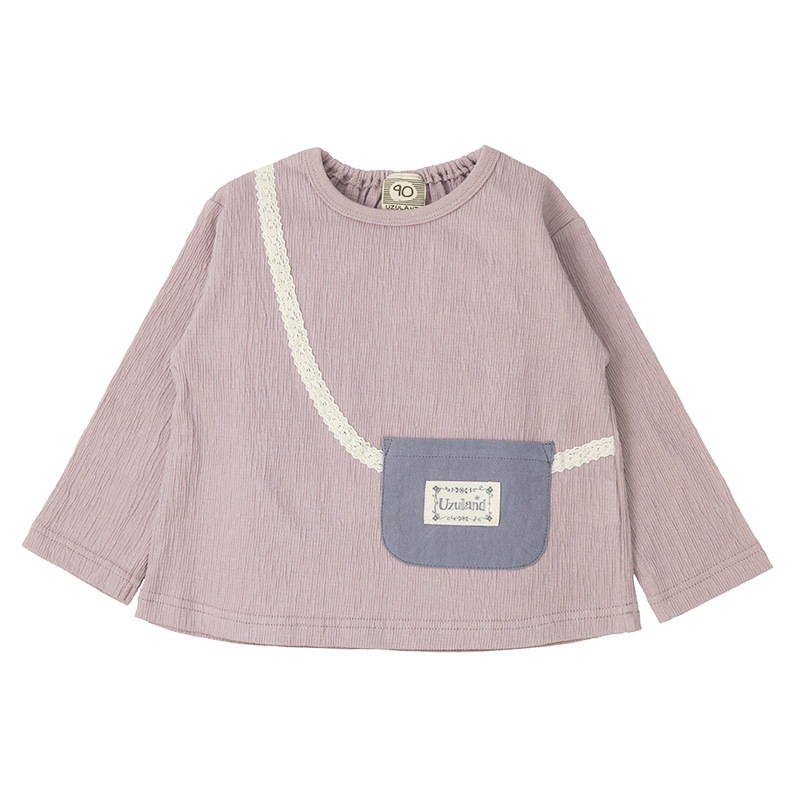キッズ ロンT Tシャツ 長袖 女の子 ガーリー ポシェット風 切替 トップス ラベンダー ( 80-130cm )【 Uzuland ウズランド 】 子供服 ベビー服 女子 ナチュラル ガールズ 80cm 90cm 95cm 100cm 110cm 120cm 130cm