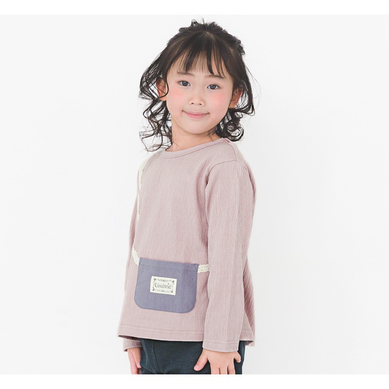 キッズ ロンT Tシャツ 長袖 女の子 ガーリー ポシェット風 切替 トップス ラベンダー ( 80-130cm )【 Uzuland ウズランド 】 子供服 ベビー服 女子 ナチュラル ガールズ 80cm 90cm 95cm 100cm 110cm 120cm 130cm