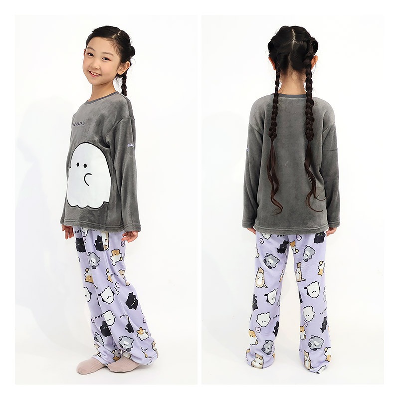 オバケーヌ ルームウェア 長袖パジャマ フリース 女の子 キッズ 上下セット ルームウェア パジャマ 子供服 キャラクター 2点セット カットソー スウェット ロングパンツ ウエストゴム ガールズ 部屋着 120cm 130cm 140cm 150cm 160cm 保温 暖かい ボーダー 総柄 ハロウィン
