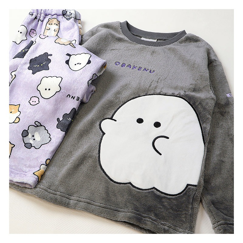 オバケーヌ ルームウェア 長袖パジャマ フリース 女の子 キッズ 上下セット ルームウェア パジャマ 子供服 キャラクター 2点セット カットソー スウェット ロングパンツ ウエストゴム ガールズ 部屋着 120cm 130cm 140cm 150cm 160cm 保温 暖かい ボーダー 総柄 ハロウィン