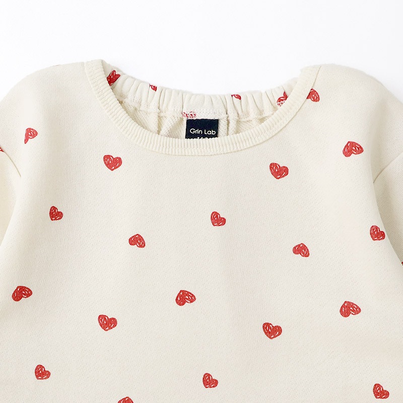ガールズ トレーナー ペプラム 裏毛 ハート柄 切替 チュニック風 起毛なし 長袖 スウェット 女の子 プリント 【 GrinLab グリンラボ 】 ガーリー トップス カットソー ロンT インナー ベビー アイボリー ブラック 白 黒 総柄 80 90 95 100 110 120 130