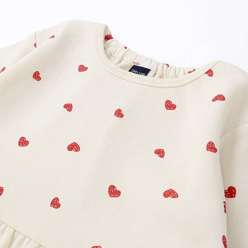 ガールズ トレーナー ペプラム 裏毛 ハート柄 切替 チュニック風 起毛なし 長袖 スウェット 女の子 プリント 【 GrinLab グリンラボ 】 ガーリー トップス カットソー ロンT インナー ベビー アイボリー ブラック 白 黒 総柄 80 90 95 100 110 120 130
