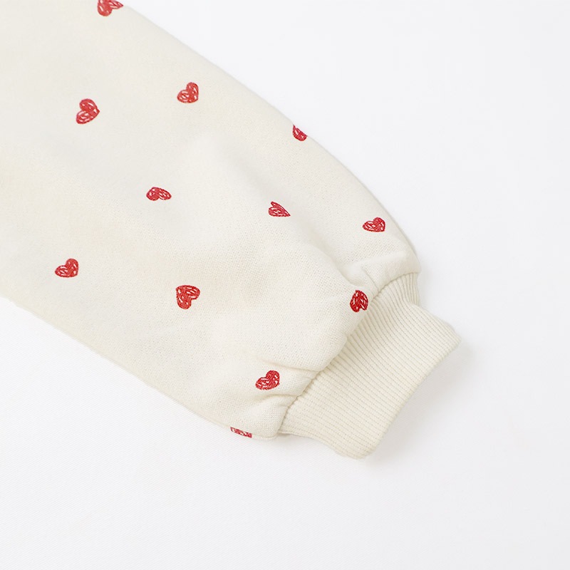 ガールズ トレーナー ペプラム 裏毛 ハート柄 切替 チュニック風 起毛なし 長袖 スウェット 女の子 プリント 【 GrinLab グリンラボ 】 ガーリー トップス カットソー ロンT インナー ベビー アイボリー ブラック 白 黒 総柄 80 90 95 100 110 120 130