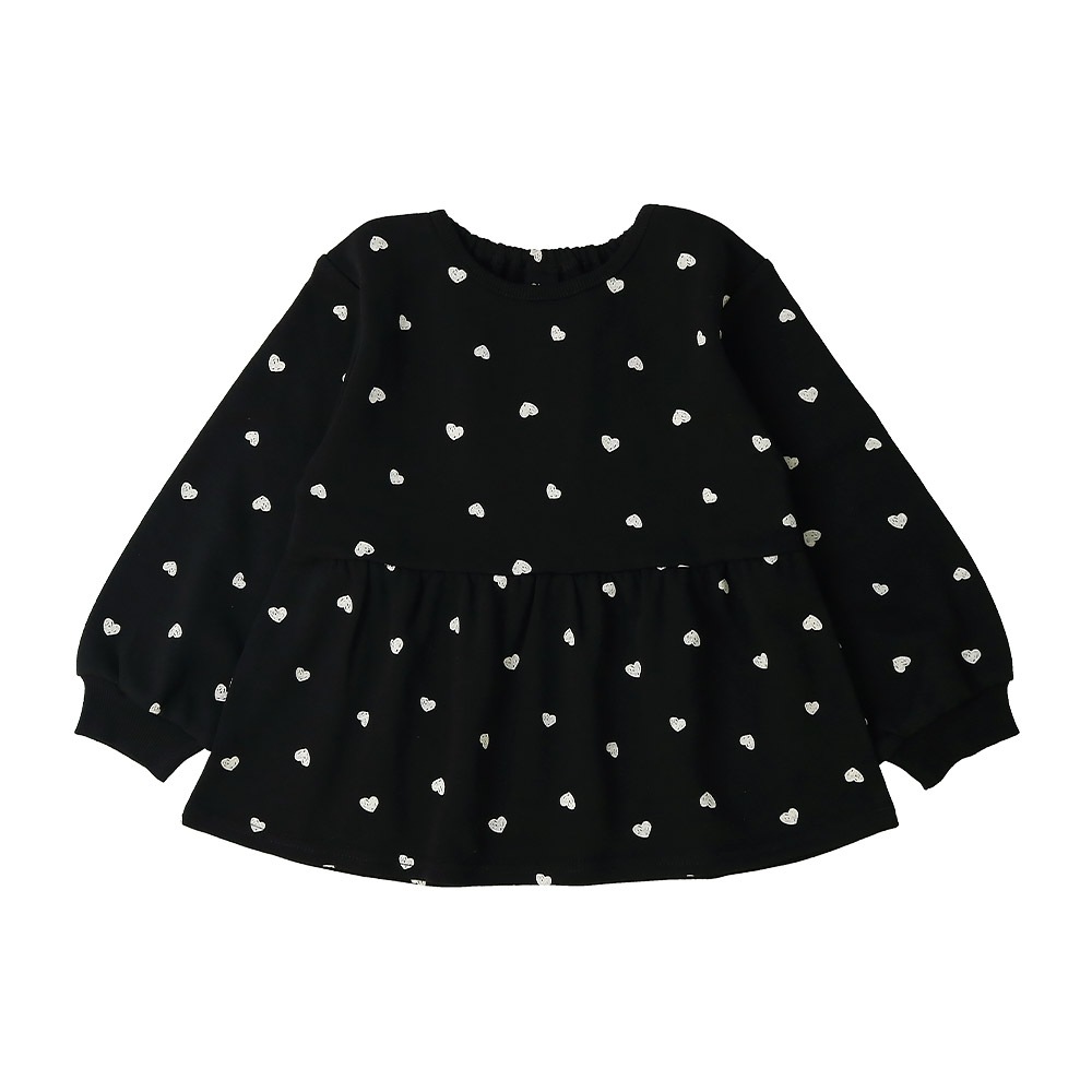 ガールズ トレーナー ペプラム 裏毛 ハート柄 切替 チュニック風 起毛なし 長袖 スウェット 女の子 プリント 【 GrinLab グリンラボ 】 ガーリー トップス カットソー ロンT インナー ベビー アイボリー ブラック 白 黒 総柄 80 90 95 100 110 120 130
