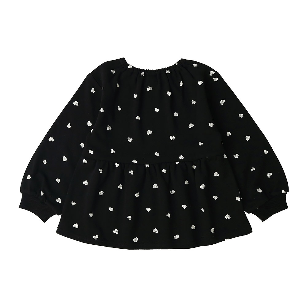 ガールズ トレーナー ペプラム 裏毛 ハート柄 切替 チュニック風 起毛なし 長袖 スウェット 女の子 プリント 【 GrinLab グリンラボ 】 ガーリー トップス カットソー ロンT インナー ベビー アイボリー ブラック 白 黒 総柄 80 90 95 100 110 120 130