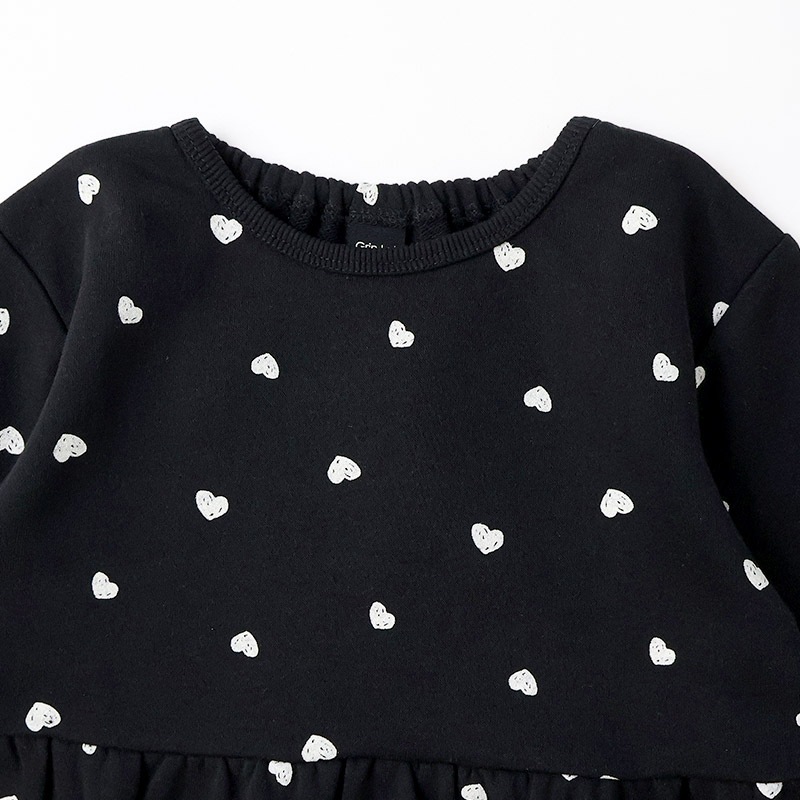 ガールズ トレーナー ペプラム 裏毛 ハート柄 切替 チュニック風 起毛なし 長袖 スウェット 女の子 プリント 【 GrinLab グリンラボ 】 ガーリー トップス カットソー ロンT インナー ベビー アイボリー ブラック 白 黒 総柄 80 90 95 100 110 120 130