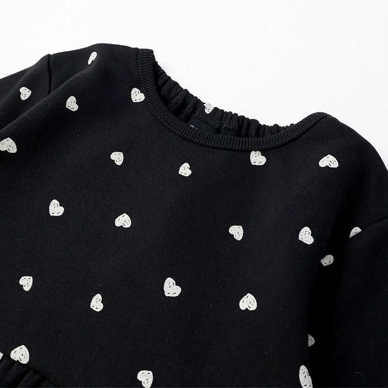 ガールズ トレーナー ペプラム 裏毛 ハート柄 切替 チュニック風 起毛なし 長袖 スウェット 女の子 プリント 【 GrinLab グリンラボ 】 ガーリー トップス カットソー ロンT インナー ベビー アイボリー ブラック 白 黒 総柄 80 90 95 100 110 120 130