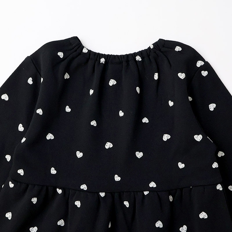 ガールズ トレーナー ペプラム 裏毛 ハート柄 切替 チュニック風 起毛なし 長袖 スウェット 女の子 プリント 【 GrinLab グリンラボ 】 ガーリー トップス カットソー ロンT インナー ベビー アイボリー ブラック 白 黒 総柄 80 90 95 100 110 120 130