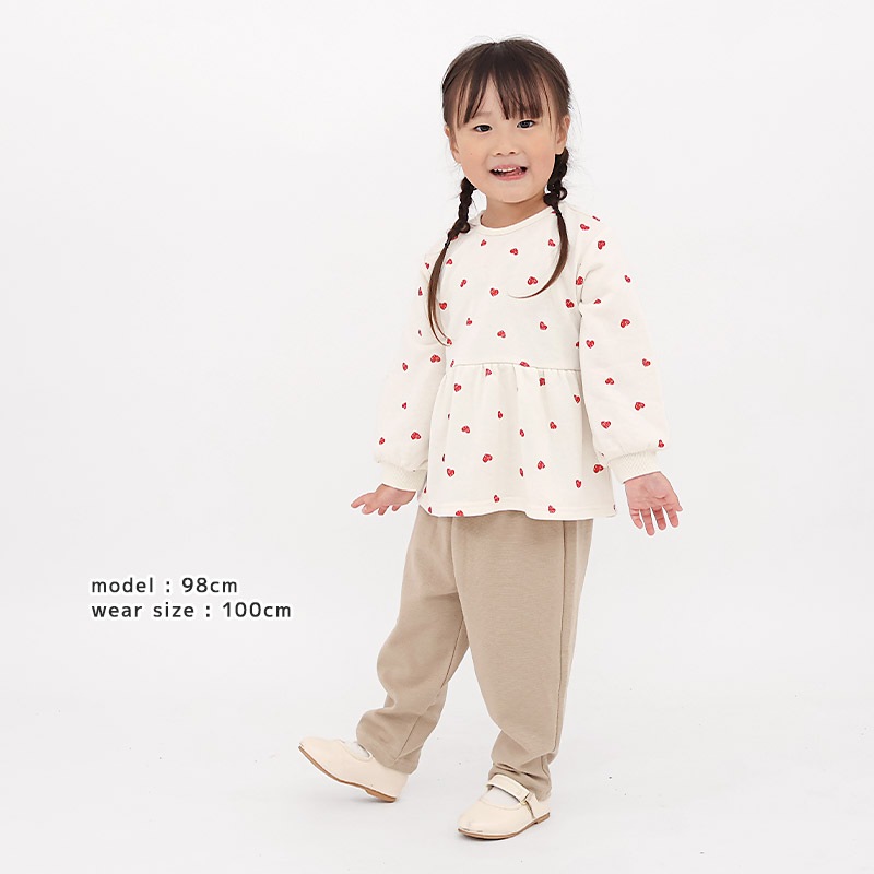 ガールズ トレーナー ペプラム 裏毛 ハート柄 切替 チュニック風 起毛なし 長袖 スウェット 女の子 プリント 【 GrinLab グリンラボ 】 ガーリー トップス カットソー ロンT インナー ベビー アイボリー ブラック 白 黒 総柄 80 90 95 100 110 120 130