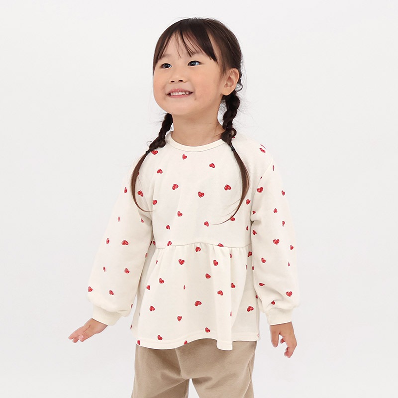 ガールズ トレーナー ペプラム 裏毛 ハート柄 切替 チュニック風 起毛なし 長袖 スウェット 女の子 プリント 【 GrinLab グリンラボ 】 ガーリー トップス カットソー ロンT インナー ベビー アイボリー ブラック 白 黒 総柄 80 90 95 100 110 120 130