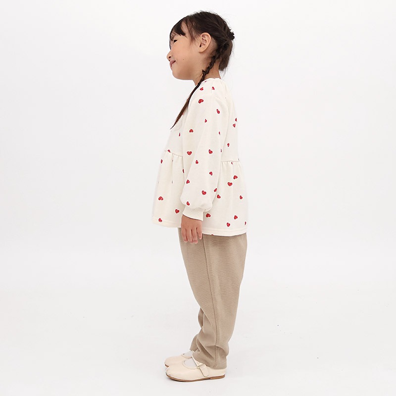 ガールズ トレーナー ペプラム 裏毛 ハート柄 切替 チュニック風 起毛なし 長袖 スウェット 女の子 プリント 【 GrinLab グリンラボ 】 ガーリー トップス カットソー ロンT インナー ベビー アイボリー ブラック 白 黒 総柄 80 90 95 100 110 120 130