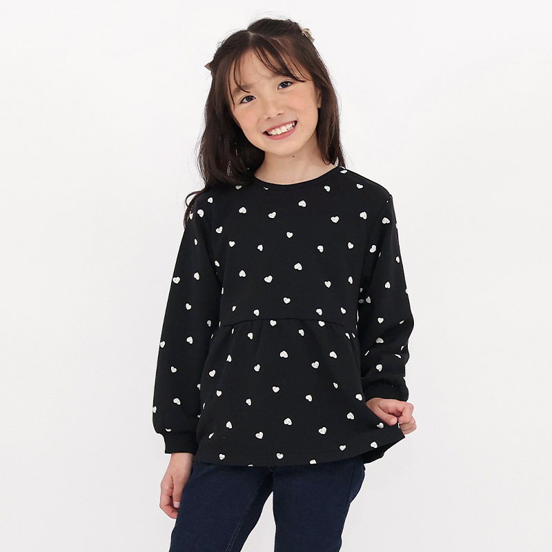 ガールズ トレーナー ペプラム 裏毛 ハート柄 切替 チュニック風 起毛なし 長袖 スウェット 女の子 プリント 【 GrinLab グリンラボ 】 ガーリー トップス カットソー ロンT インナー ベビー アイボリー ブラック 白 黒 総柄 80 90 95 100 110 120 130