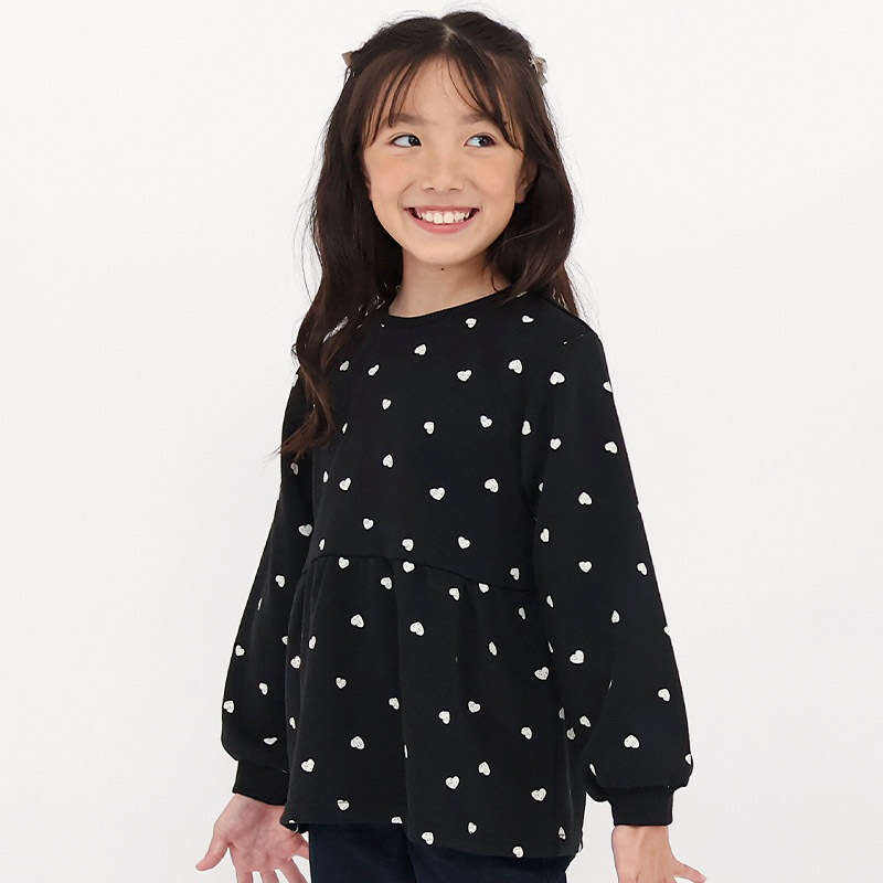 ガールズ トレーナー ペプラム 裏毛 ハート柄 切替 チュニック風 起毛なし 長袖 スウェット 女の子 プリント 【 GrinLab グリンラボ 】 ガーリー トップス カットソー ロンT インナー ベビー アイボリー ブラック 白 黒 総柄 80 90 95 100 110 120 130