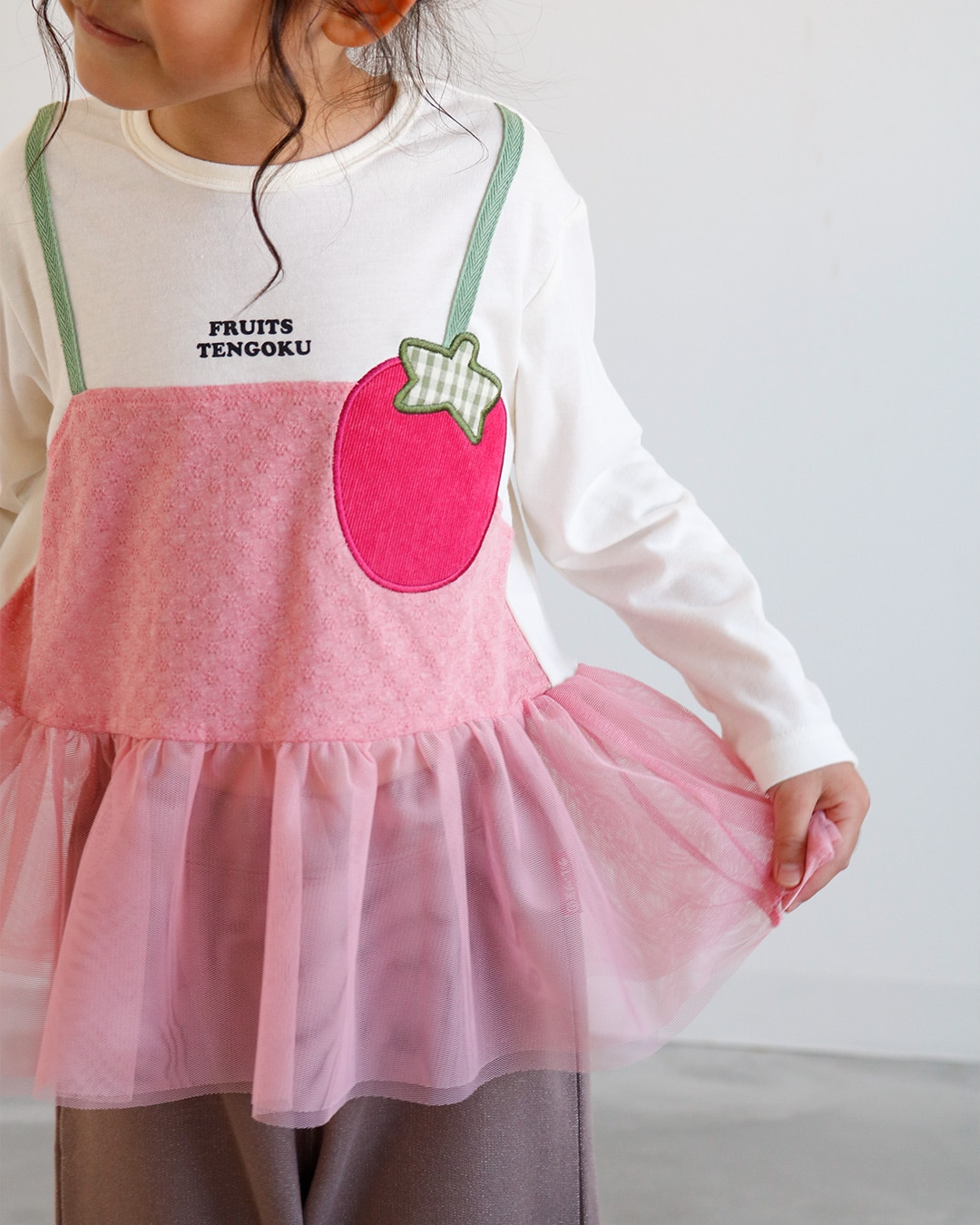 イチゴ/ぶどうの重ね着風チュールTシャツ|80-130cm 【 フルーツ天国 】