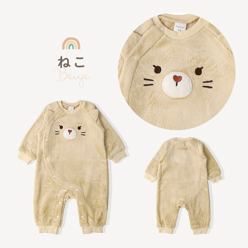 ベビー ロンパース カバーオール 男の子 女の子 スーパーマイクロフリース ふわふわ 前開き 全開 お着替え簡単 アニマル くま うさぎ ねこ クマ ウサギ ネコ 猫 動物 耳付き 暖かい 保温 防寒 毛布 マイクロファイバー 洗える 70 80 出産祝い ギフト プレゼント