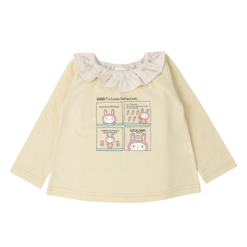 キッズ ロンT フリル トップス ウサギ 切替 長袖 Tシャツ イエロー ( 80-130cm )【 UZURABBIT ウズラビット 】 子供服 女の子 ベビー うさぎ 干支 ピンク くすみ ガーリー かわいい 春 秋 80cm 90cm 95cm 100cm 110cm 120cm 130cm