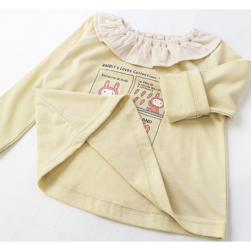 キッズ ロンT フリル トップス ウサギ 切替 長袖 Tシャツ イエロー ( 80-130cm )【 UZURABBIT ウズラビット 】 子供服 女の子 ベビー うさぎ 干支 ピンク くすみ ガーリー かわいい 春 秋 80cm 90cm 95cm 100cm 110cm 120cm 130cm