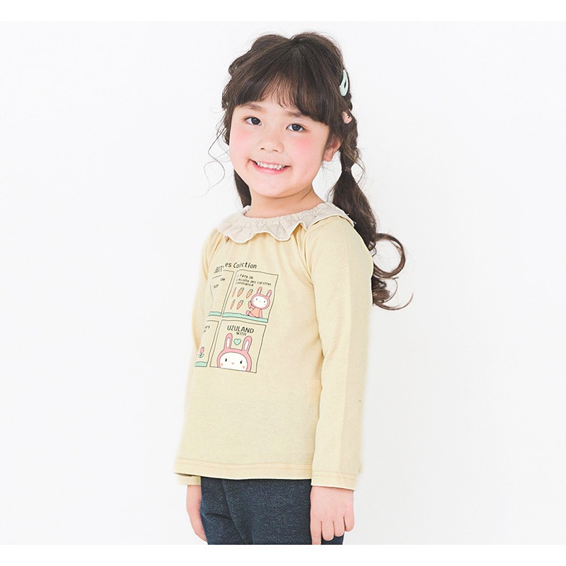 キッズ ロンT フリル トップス ウサギ 切替 長袖 Tシャツ イエロー ( 80-130cm )【 UZURABBIT ウズラビット 】 子供服 女の子 ベビー うさぎ 干支 ピンク くすみ ガーリー かわいい 春 秋 80cm 90cm 95cm 100cm 110cm 120cm 130cm