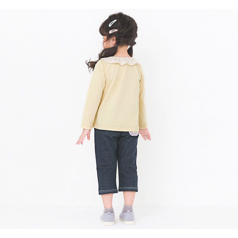 キッズ ロンT フリル トップス ウサギ 切替 長袖 Tシャツ イエロー ( 80-130cm )【 UZURABBIT ウズラビット 】 子供服 女の子 ベビー うさぎ 干支 ピンク くすみ ガーリー かわいい 春 秋 80cm 90cm 95cm 100cm 110cm 120cm 130cm