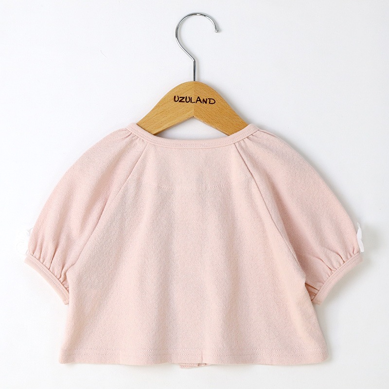 キッズ カーディガン 半袖 女の子 ガーリー トップス ピンク アイボリー ( 80-130cm ) 【 Uzuland ウズランド 】 子供服 ベビー服 花 Tシャツ フリル ギャザー フラワー フリル アウター 羽織り 可愛い お洒落 ナチュラル ガールズ 80cm 90cm 95cm 100cm 110cm 120cm 130cm