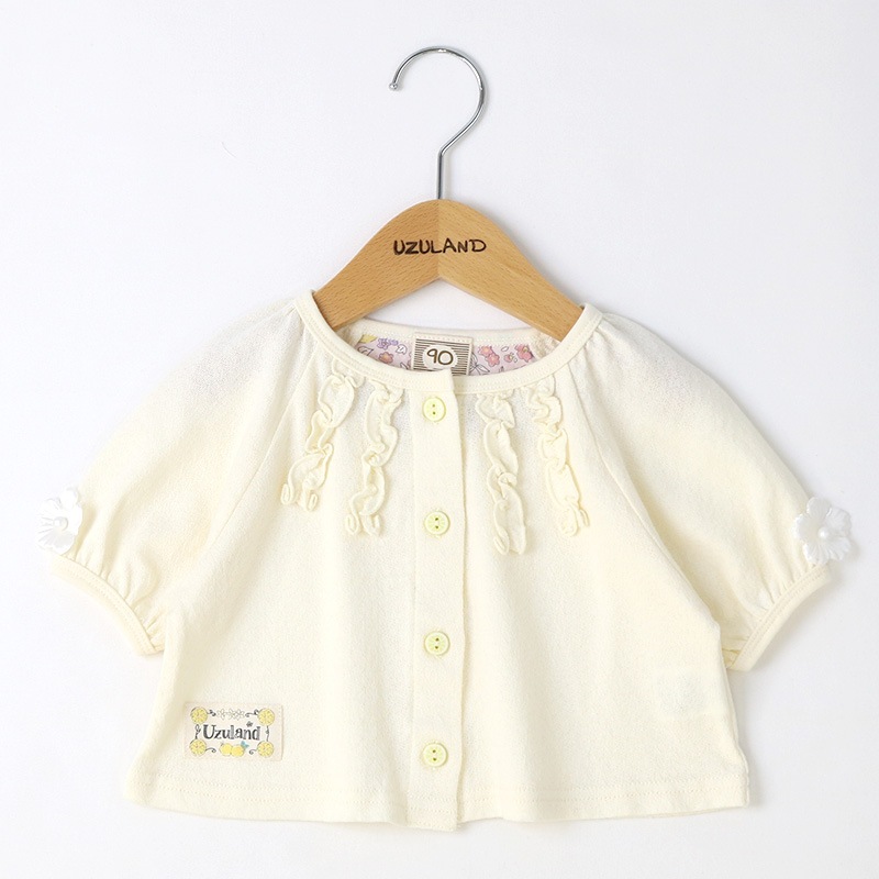 キッズ カーディガン 半袖 女の子 ガーリー トップス ピンク アイボリー ( 80-130cm ) 【 Uzuland ウズランド 】 子供服 ベビー服 花 Tシャツ フリル ギャザー フラワー フリル アウター 羽織り 可愛い お洒落 ナチュラル ガールズ 80cm 90cm 95cm 100cm 110cm 120cm 130cm