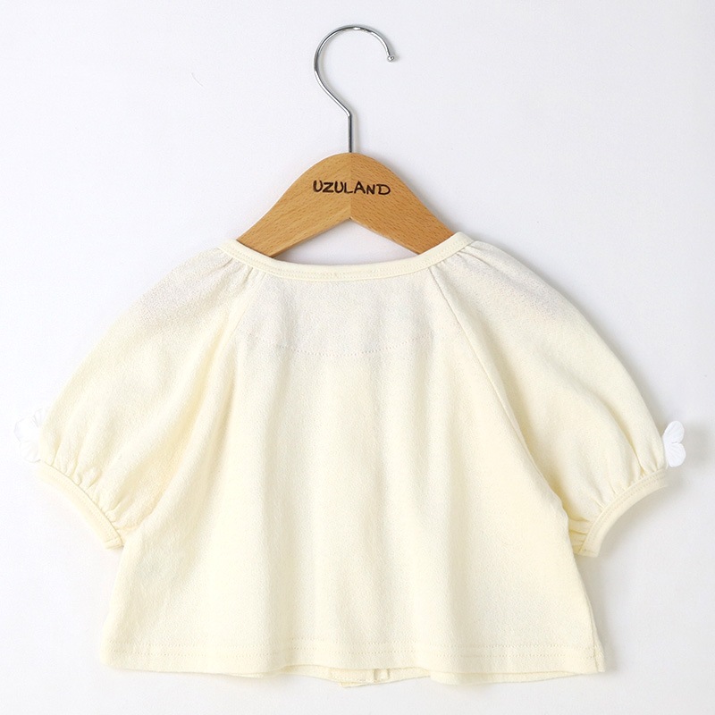 キッズ カーディガン 半袖 女の子 ガーリー トップス ピンク アイボリー ( 80-130cm ) 【 Uzuland ウズランド 】 子供服 ベビー服 花 Tシャツ フリル ギャザー フラワー フリル アウター 羽織り 可愛い お洒落 ナチュラル ガールズ 80cm 90cm 95cm 100cm 110cm 120cm 130cm