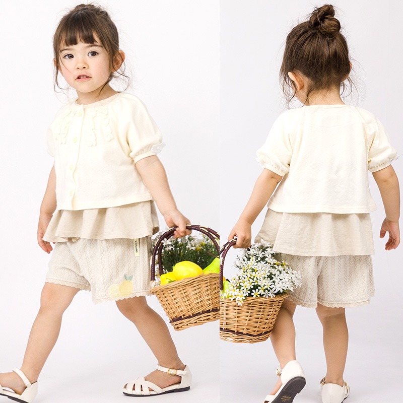 キッズ カーディガン 半袖 女の子 ガーリー トップス ピンク アイボリー ( 80-130cm ) 【 Uzuland ウズランド 】 子供服 ベビー服 花 Tシャツ フリル ギャザー フラワー フリル アウター 羽織り 可愛い お洒落 ナチュラル ガールズ 80cm 90cm 95cm 100cm 110cm 120cm 130cm