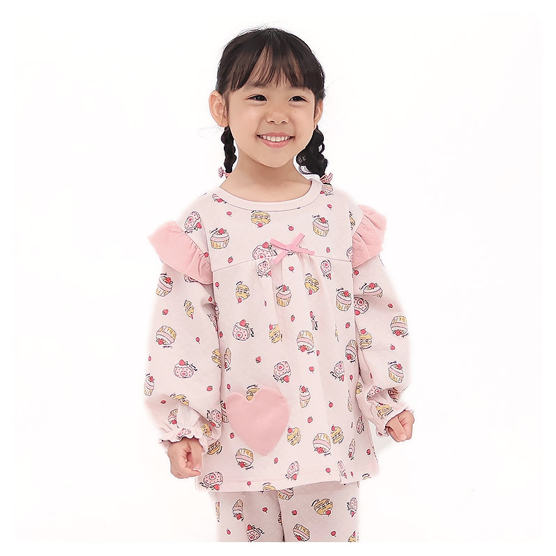 長袖パジャマ キッズ ニットキルト 暖かい 女の子 パジャマ 100 110 120 130 長袖 ルームウェア 長袖ルームウェア 部屋着 寝巻き ナイトウェア セットアップ 上下セット フリル ハート 食べ物 ケーキ ガールズ ポケット 保育園 幼稚園 小学生 GrinLab グリンラボ かわいい 秋