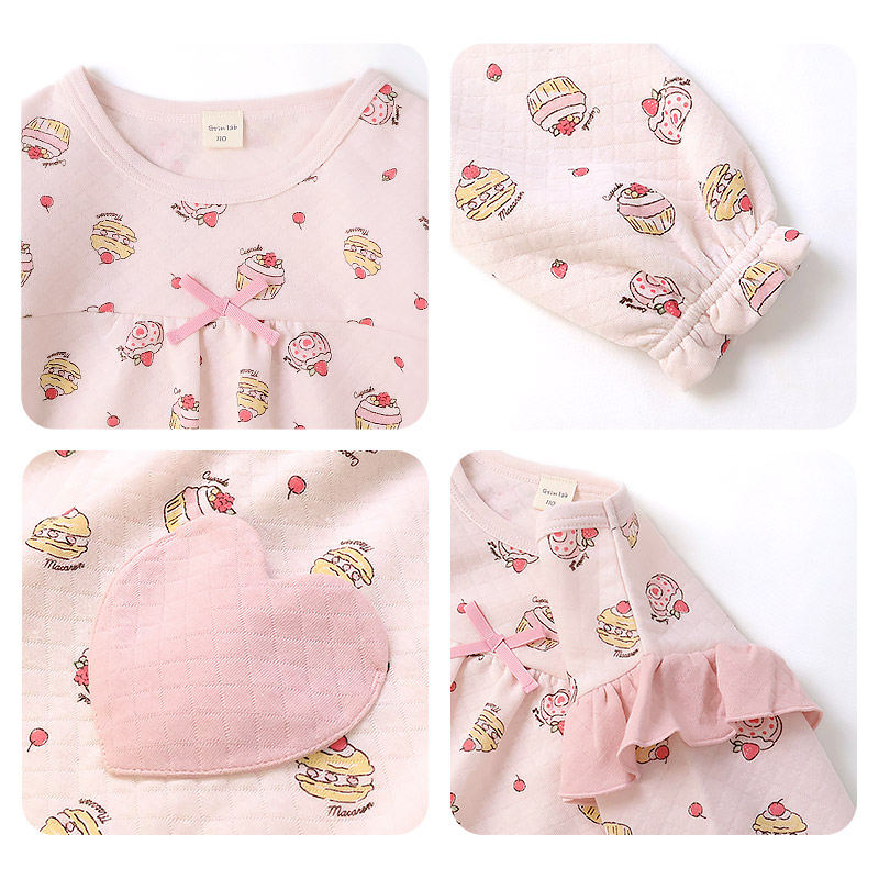 長袖パジャマ キッズ ニットキルト 暖かい 女の子 パジャマ 100 110 120 130 長袖 ルームウェア 長袖ルームウェア 部屋着 寝巻き ナイトウェア セットアップ 上下セット フリル ハート 食べ物 ケーキ ガールズ ポケット 保育園 幼稚園 小学生 GrinLab グリンラボ かわいい 秋