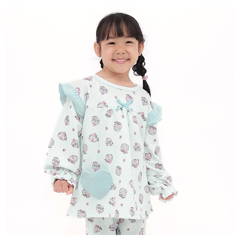 長袖パジャマ キッズ ニットキルト 暖かい 女の子 パジャマ 100 110 120 130 長袖 ルームウェア 長袖ルームウェア 部屋着 寝巻き ナイトウェア セットアップ 上下セット フリル ハート 食べ物 ケーキ ガールズ ポケット 保育園 幼稚園 小学生 GrinLab グリンラボ かわいい 秋