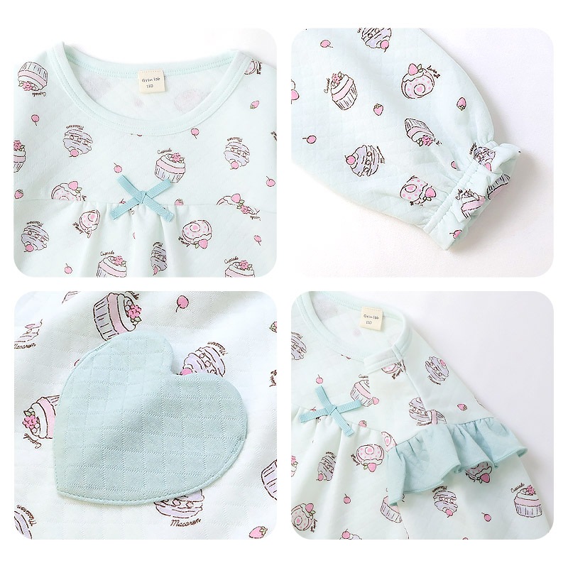 長袖パジャマ キッズ ニットキルト 暖かい 女の子 パジャマ 100 110 120 130 長袖 ルームウェア 長袖ルームウェア 部屋着 寝巻き ナイトウェア セットアップ 上下セット フリル ハート 食べ物 ケーキ ガールズ ポケット 保育園 幼稚園 小学生 GrinLab グリンラボ かわいい 秋