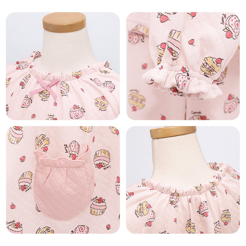 長袖パジャマ キッズ ニットキルト 暖かい ジュニア 女の子 パジャマ かぶり 140 150 160 長袖 ルームウェア 長袖ルームウェア 部屋着 寝巻き ナイトウェア セットアップ 上下セット フリル 食べ物 ケーキ ガーリー ガールズ 小学生 中学生 GrinLab グリンラボ かわいい 秋