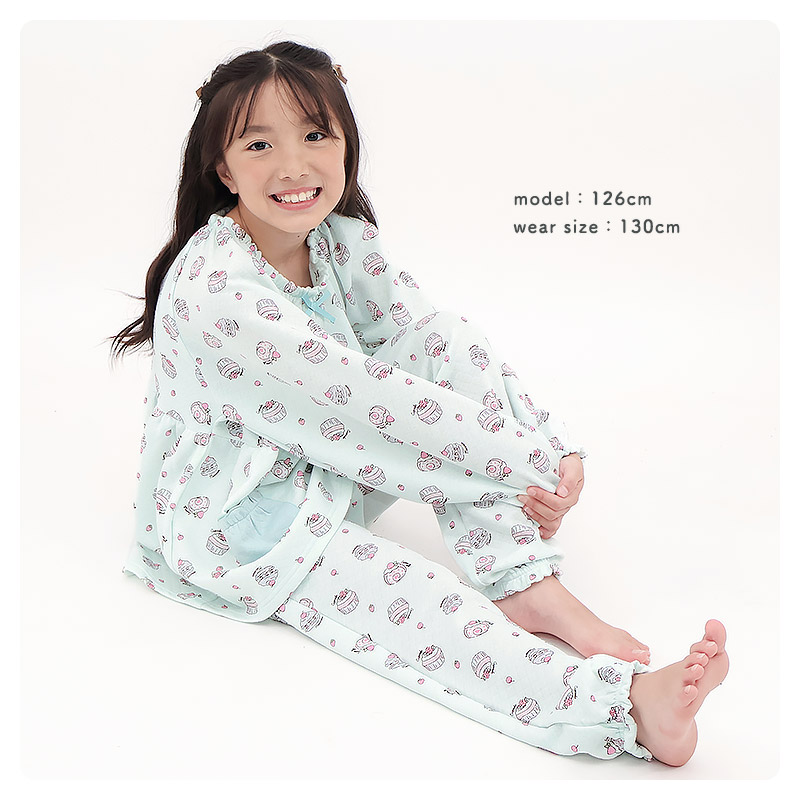 長袖パジャマ キッズ ニットキルト 暖かい ジュニア 女の子 パジャマ かぶり 140 150 160 長袖 ルームウェア 長袖ルームウェア 部屋着 寝巻き ナイトウェア セットアップ 上下セット フリル 食べ物 ケーキ ガーリー ガールズ 小学生 中学生 GrinLab グリンラボ かわいい 秋
