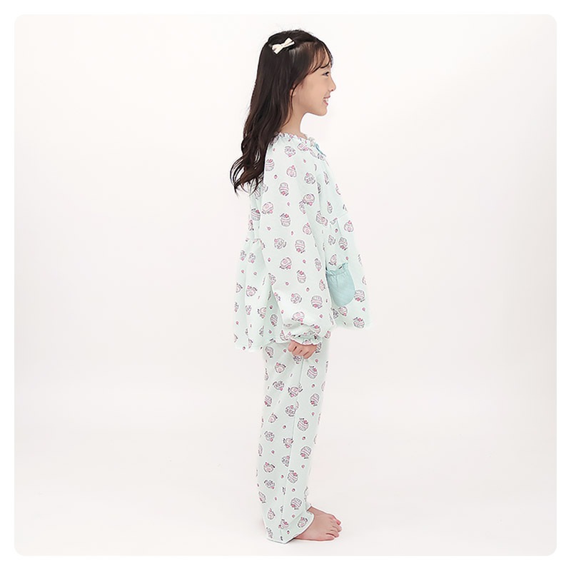 長袖パジャマ キッズ ニットキルト 暖かい ジュニア 女の子 パジャマ かぶり 140 150 160 長袖 ルームウェア 長袖ルームウェア 部屋着 寝巻き ナイトウェア セットアップ 上下セット フリル 食べ物 ケーキ ガーリー ガールズ 小学生 中学生 GrinLab グリンラボ かわいい 秋