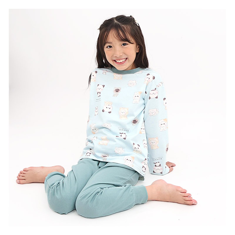 パジャマ キッズ もちもちぱんだ 長袖 子供 ルームウェア 女の子 ガールズ ジュニア 上下セット 長袖パジャマ 寝巻 2点セット こども 部屋着 お昼寝 総柄 ミニ裏毛 スウェット 吸汗 キャラクター プリント ピンク サックス 動物 アニマル 120 130 140 150 160 入学 春 秋