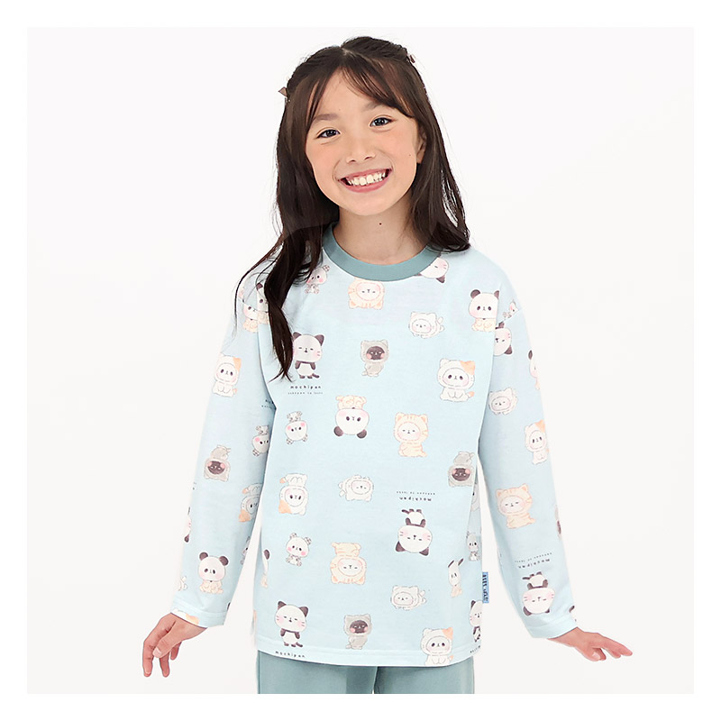 パジャマ キッズ もちもちぱんだ 長袖 子供 ルームウェア 女の子 ガールズ ジュニア 上下セット 長袖パジャマ 寝巻 2点セット こども 部屋着 お昼寝 総柄 ミニ裏毛 スウェット 吸汗 キャラクター プリント ピンク サックス 動物 アニマル 120 130 140 150 160 入学 春 秋