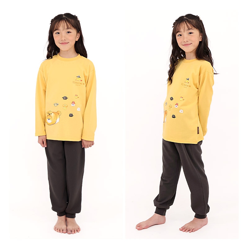 パジャマ キッズ いーすとけん 長袖 子供 ルームウェア 女の子 ガールズ ジュニア 上下セット 長袖パジャマ 寝巻 2点セット こども 部屋着 お昼寝 ミニ裏毛 スウェット 吸汗 快適 キャラクター プリント アイボリー オレンジ 犬 動物 120 130 140 150 160 入学 春 秋