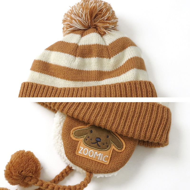 キッズ ニット帽 オシャレ 防寒 子供帽子 耳当て ボンボン キャップ【ZOODOG】 子供 ベビー 男の子 冬 暖かい 可愛い かわいい 雪 スノー スキー 犬 いぬ イヌポイント消化