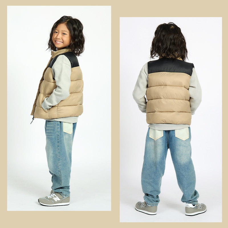 キッズ 中綿ベスト ポケット付 アウター 撥水加工 洗える 中わた入り 男の子 女の子 ( 80-130cm ) 【 GrinLab グリンラボ 】 トップス ベビー 80cm 90cm 95cm 100cm 110cm 120cm 130cm 140cm 150cm 160cm 切替 ウインドブレーカー アウトドア 保温 防寒 暖かい ダウンベスト